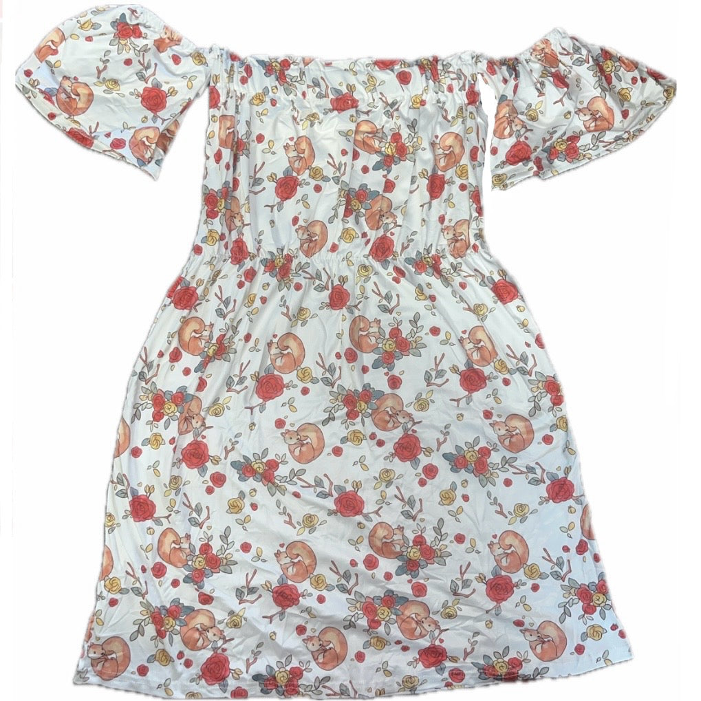 Floral Squirrel Off the Shoulder Dress