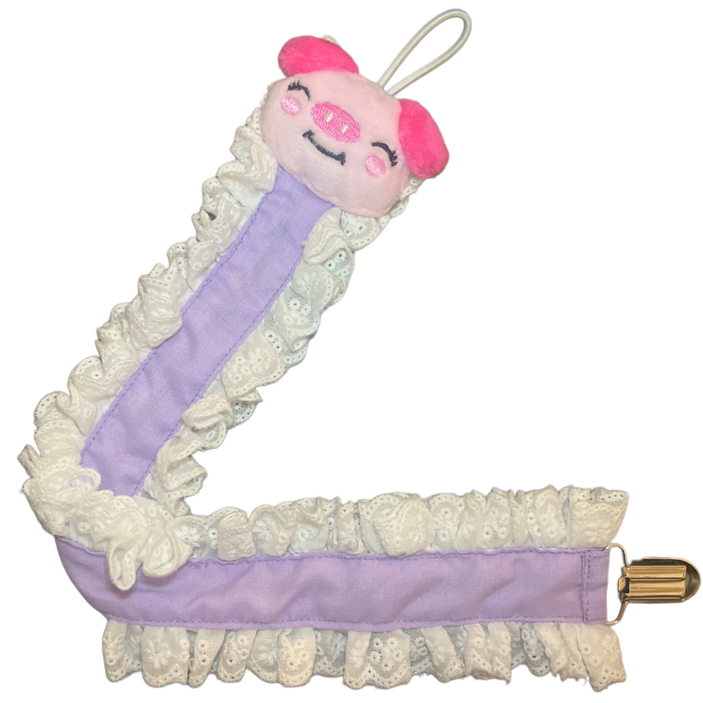 Piggy Purple Plush Ruffle Deluxe Pacifier Clip