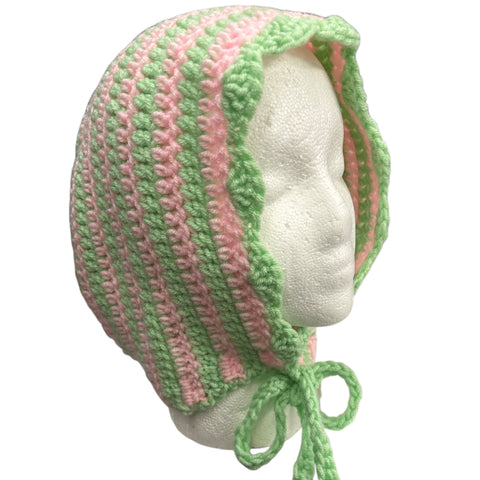 XL Green/Pink Crochet Adult Baby Bonnet second image