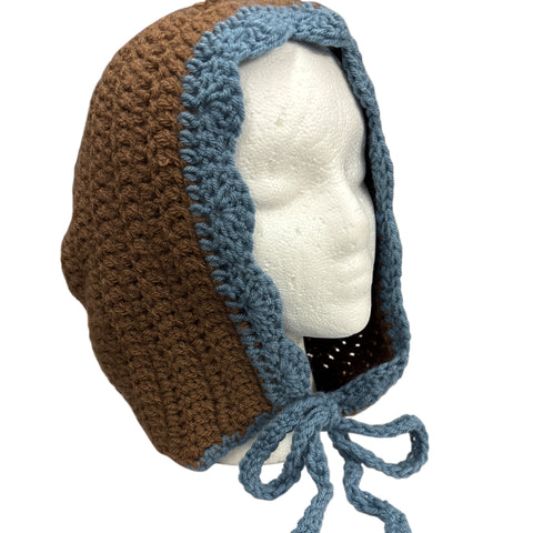 XL Blue/Brown Crochet Adult Baby Bonnet second image