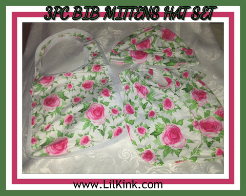 Floral Matching 3pc Bib Mittens Hat Set Set107 second image